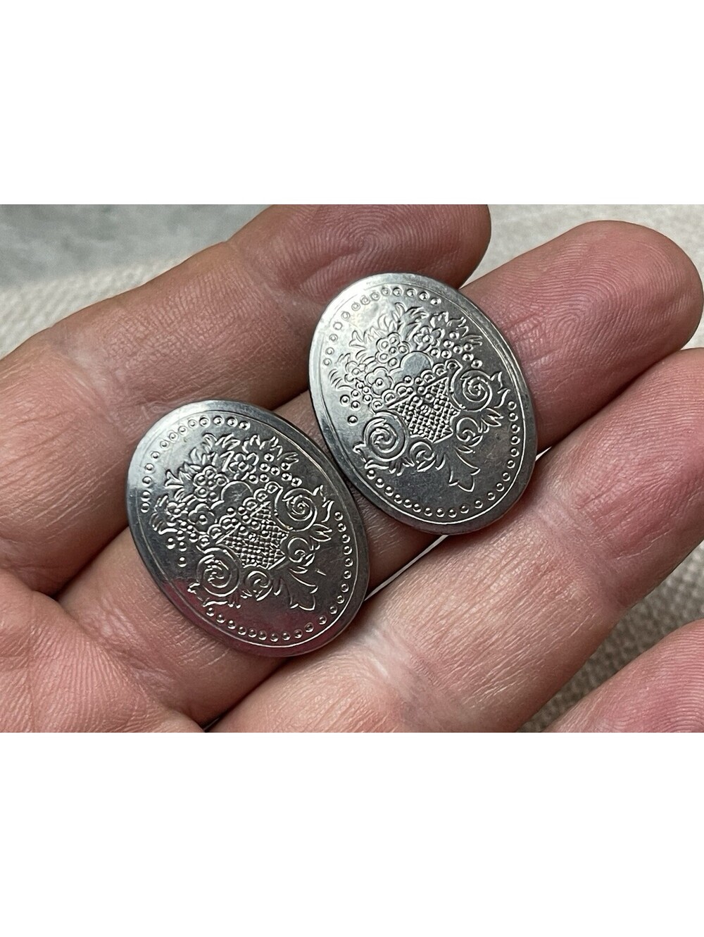 Kirk Stieff Pewter Earrings Floral Oval 1.25" Long By .75” Wide